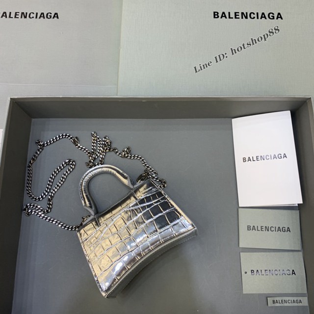 Balenciaga專櫃爆款mini Hourglass沙漏包 巴黎世家鱷魚紋銀色超迷你號手提肩背女包 fyj1554